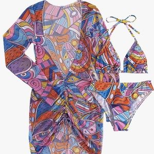 Printed Triangle Halter Bikini Bathing Suit with Cover Up 3 Piece Swimsuits